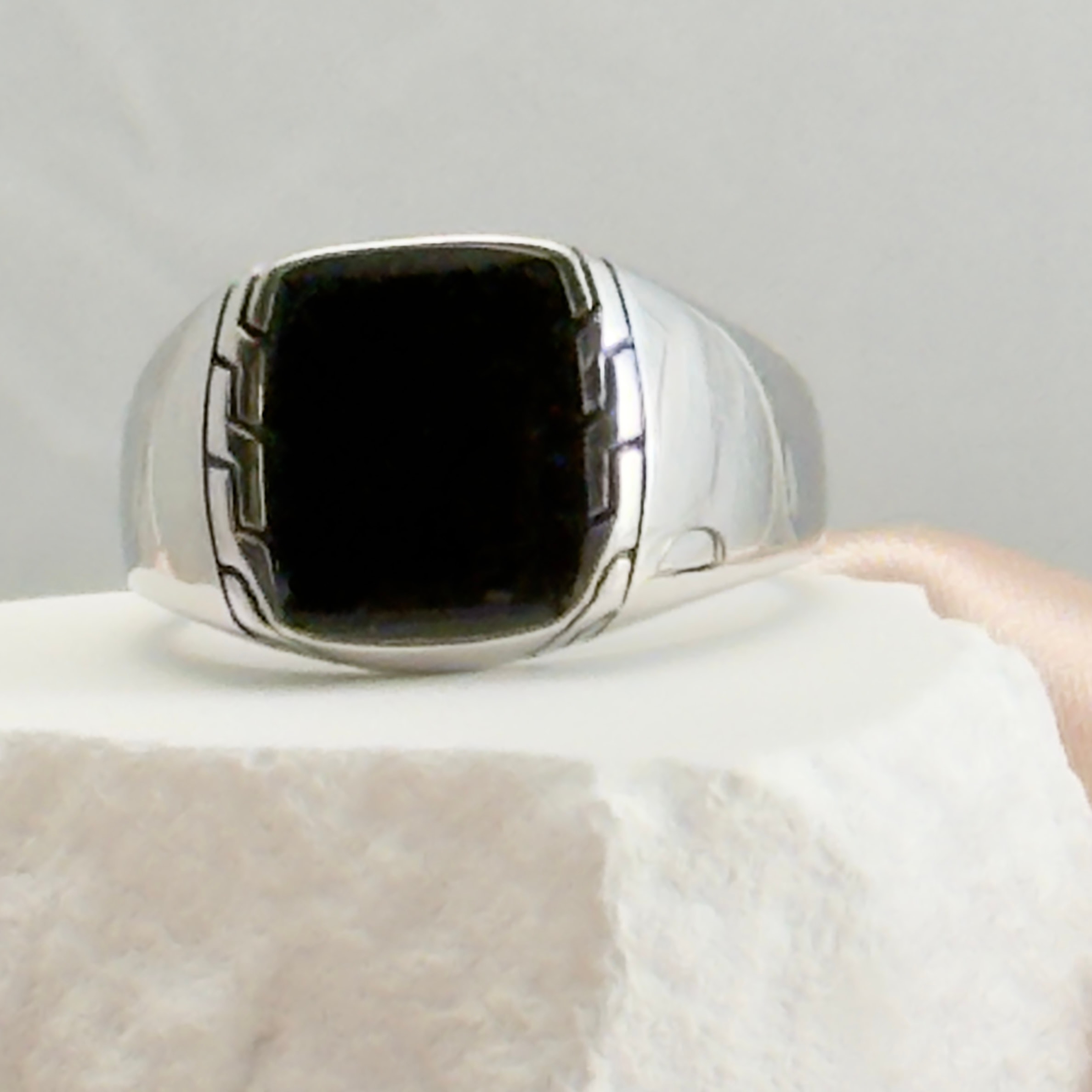 Men's black onyx signet memorial ring